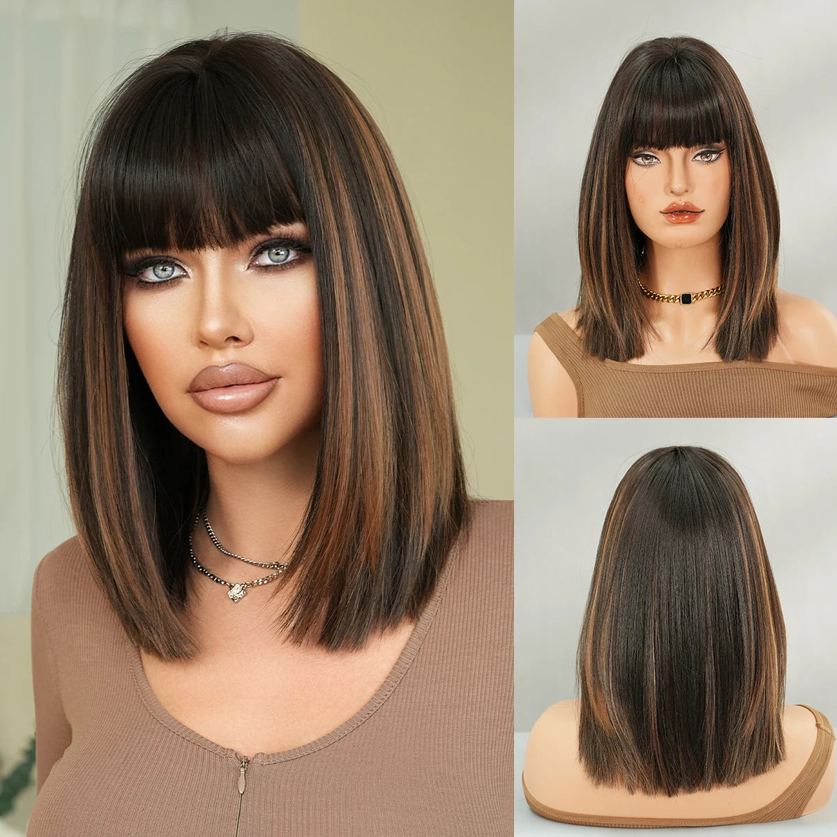 16 Inch Black Brown Shoulder Length Straight Adjustable Wig