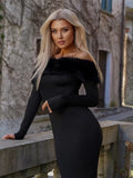 Off Shoulder Faux Fur Patchwork Dress