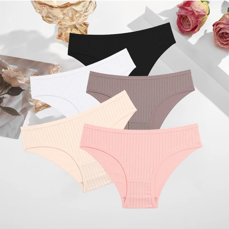 FINETOO 5PCS/SET Cotton Ribbed Striped Underwear