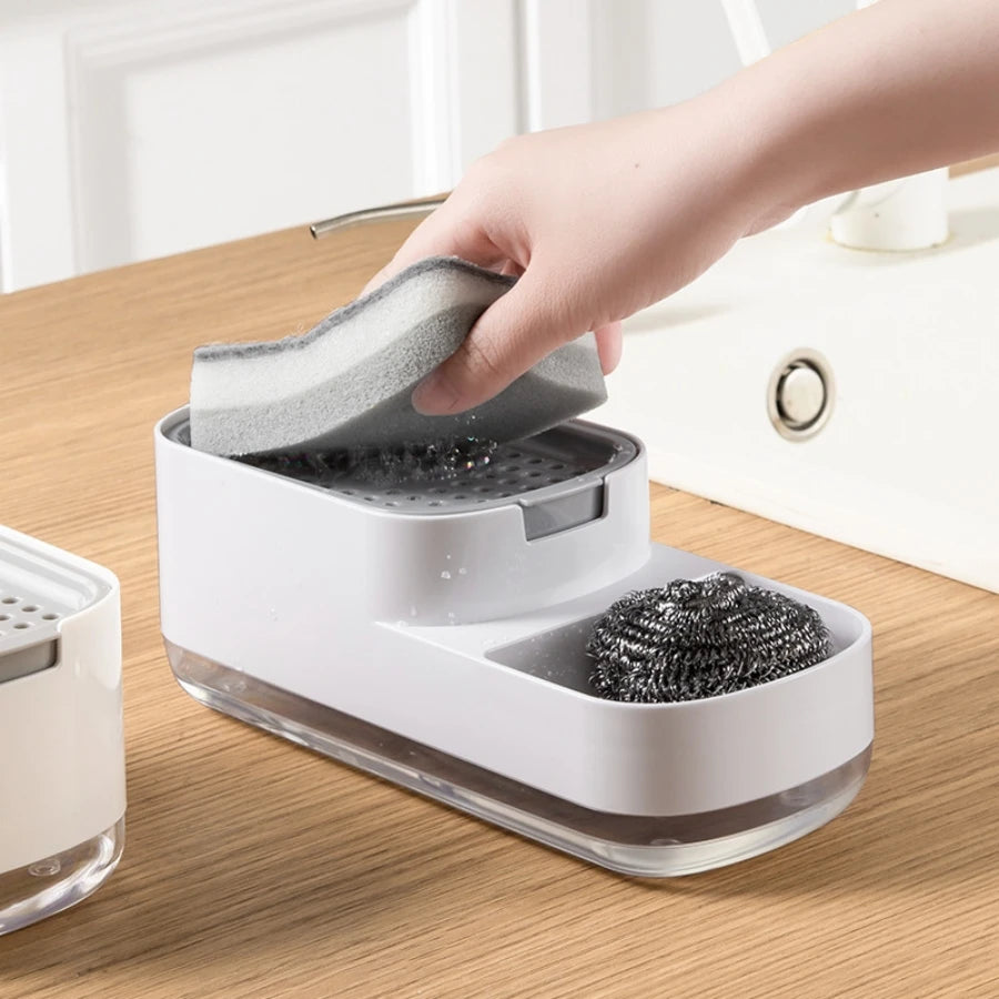 Kitchen dishwashing soap dispenser with sponge holder