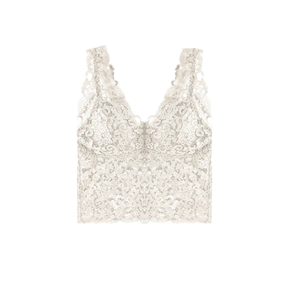 Deep V Lace Vest With Breast PadsEmbroidery Floral Tank Top Wrapped Chest Camisole Padded Crop Tank Top For Women