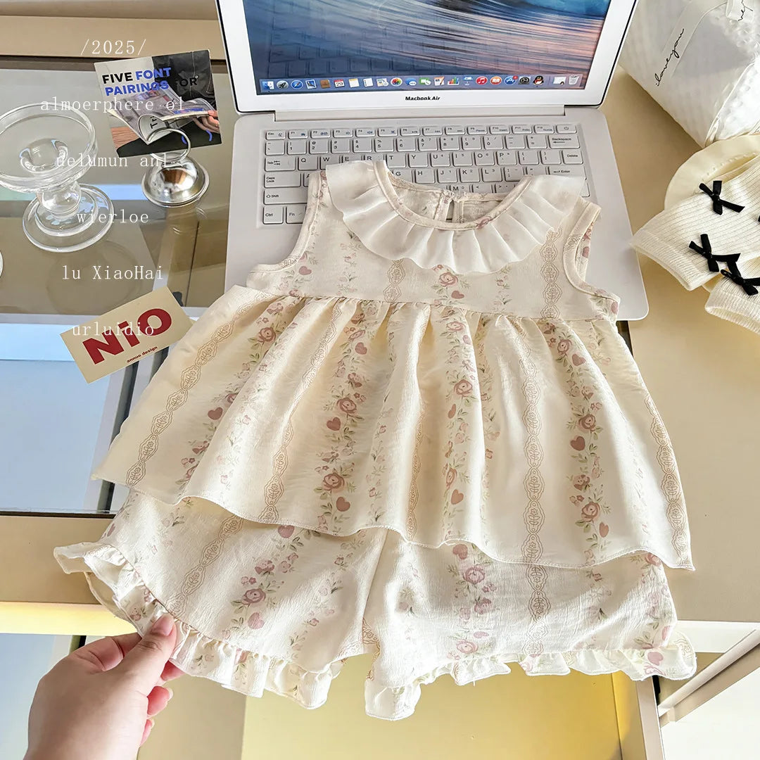 Two-Piece Set Sleeveless Princess Dress with Floral Print