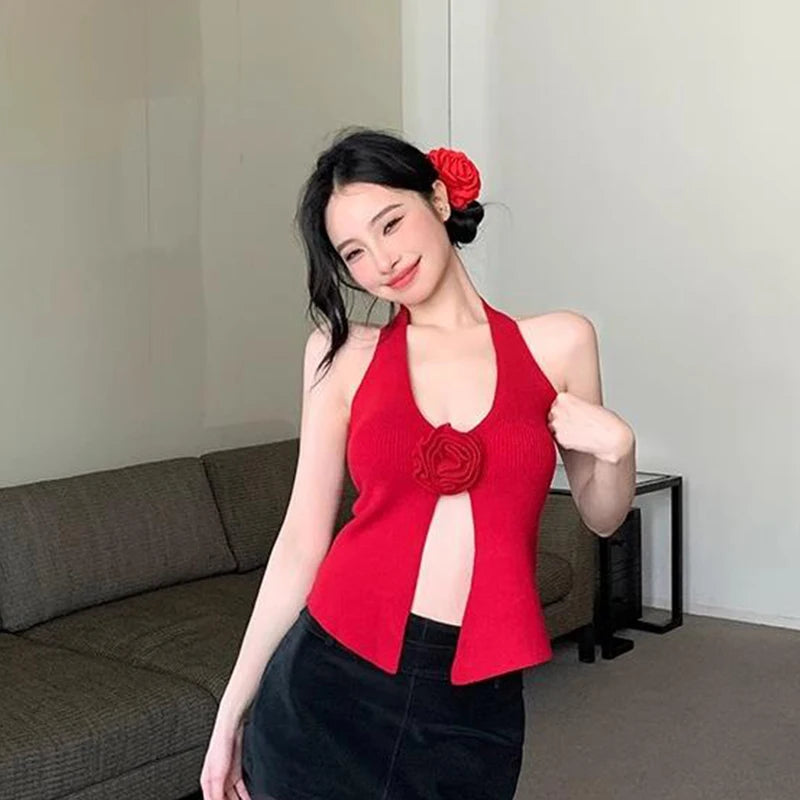 Summer Sweet Knitted Camisole Women's V-neck Backless Slim