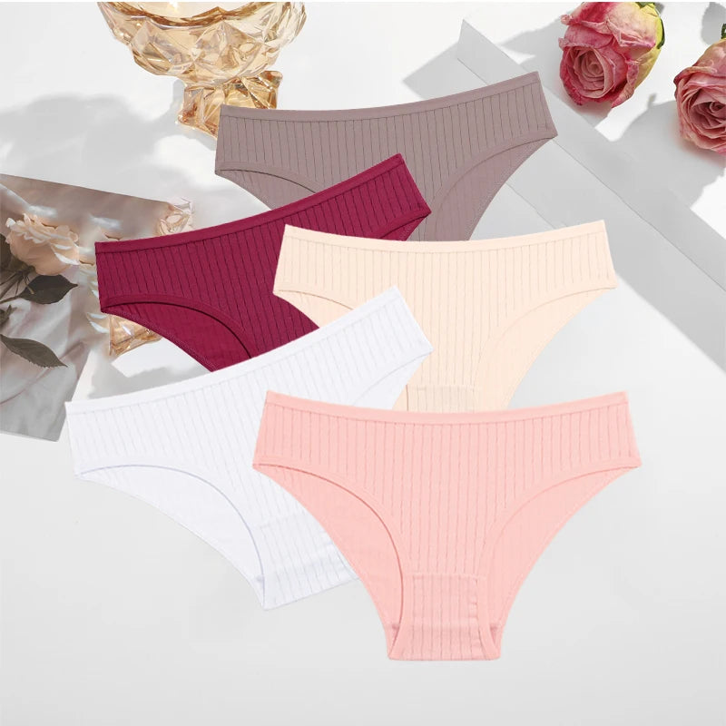 FINETOO 5PCS/SET Cotton Ribbed Striped Underwear