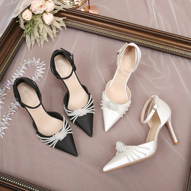 2026 New String Bead Pumps Pointed Thin Heels