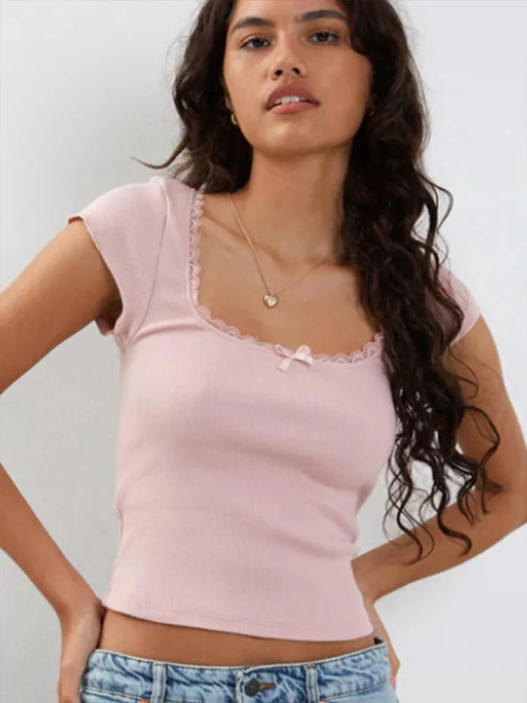 y2k Vintage Baby Tee Cottage Lace Trim Knitted T-Shirt