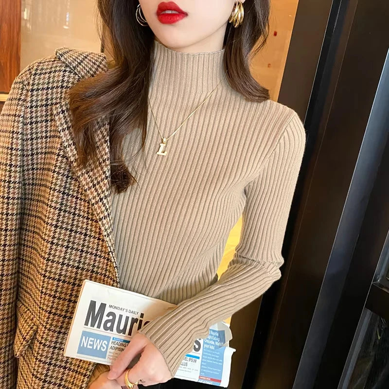 Long Sleeve Mock Neck Knitted Women Sweater