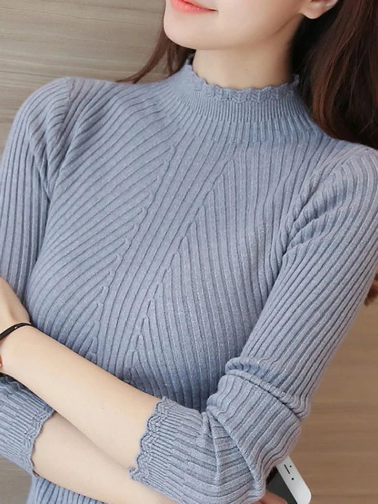 2026 Autumn Women Mock Neck Ruffles Sweater