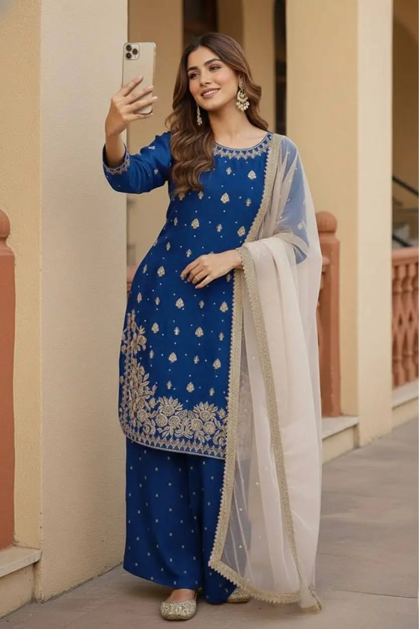 Women's Designer Party Wear Heavy Silk Top Sharara Duptta