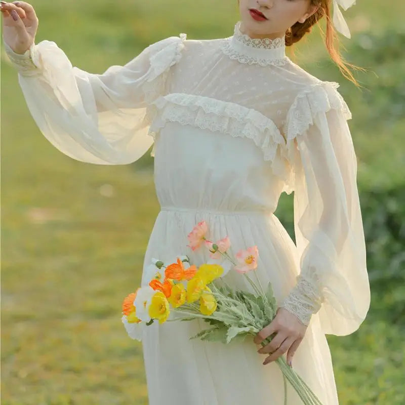 Vintage Cottage Chiffon Dress Fairy Woman Chic Romantic Princess Dresses