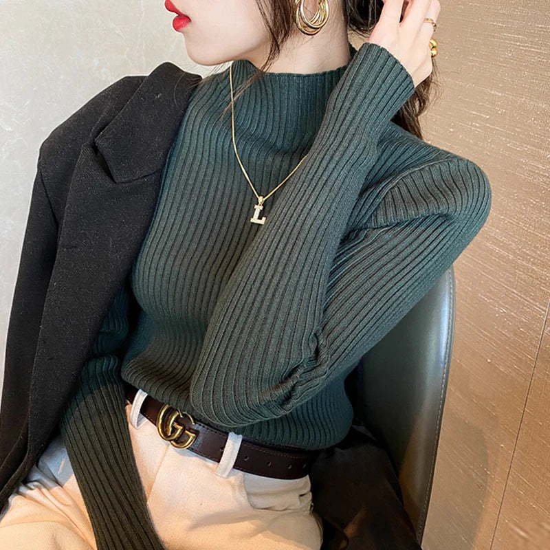 Long Sleeve Mock Neck Knitted Women Sweater
