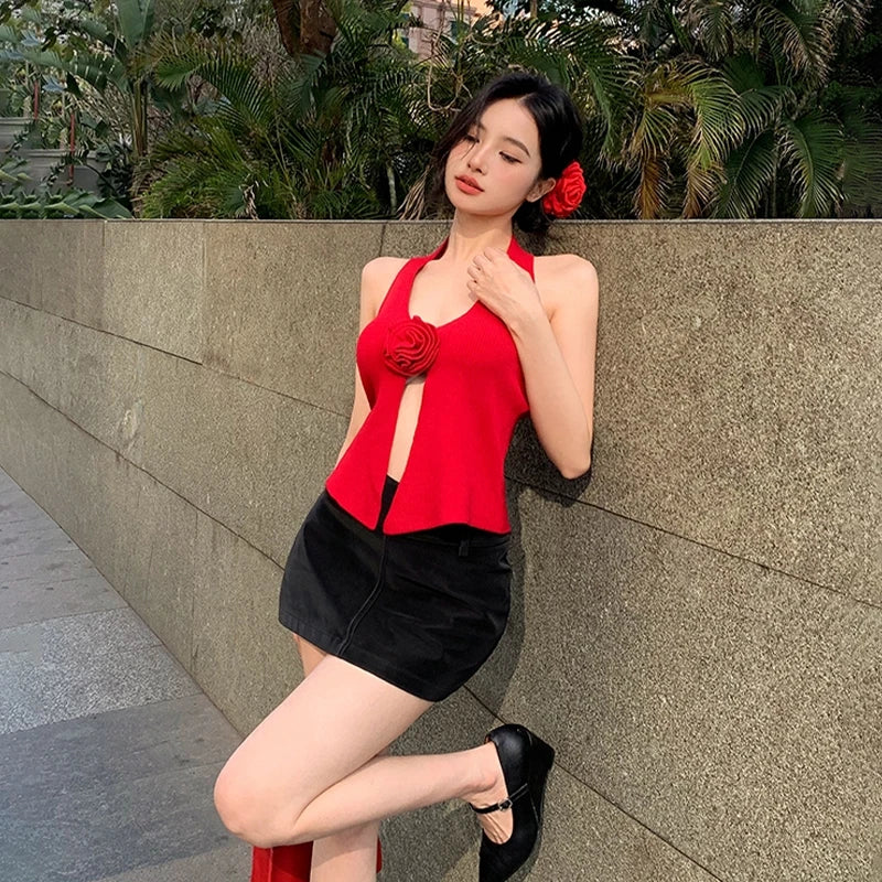 Summer Sweet Knitted Camisole Women's V-neck Backless Slim