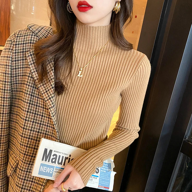 Long Sleeve Mock Neck Knitted Women Sweater