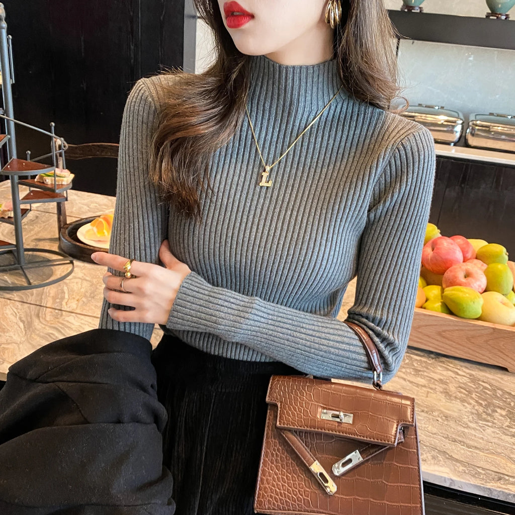 Long Sleeve Mock Neck Knitted Women Sweater