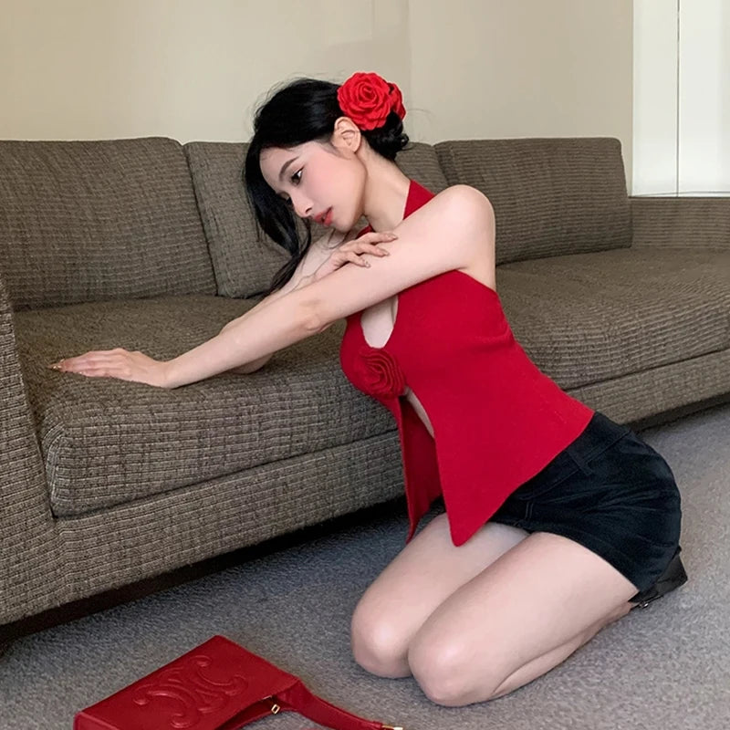 Summer Sweet Knitted Camisole Women's V-neck Backless Slim