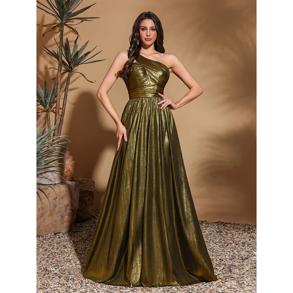 One-shoulder pleated two-sided glossy strapless dress