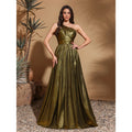 One-shoulder pleated two-sided glossy strapless dress