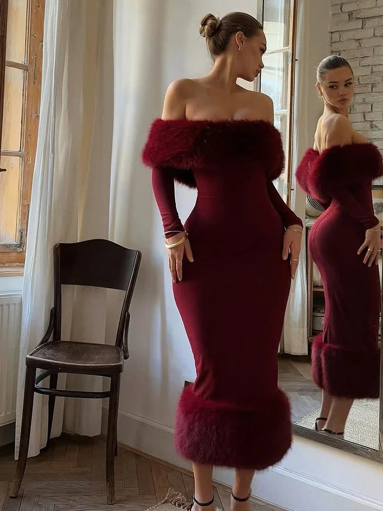 Off Shoulder Faux Fur Patchwork Dress