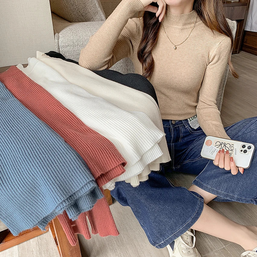 Women Sweater Vintage Basic Solid Knitted Tops Casual Slim Pullover