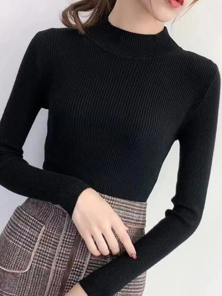 Women Sweater Vintage Basic Solid Knitted Tops Casual Slim Pullover