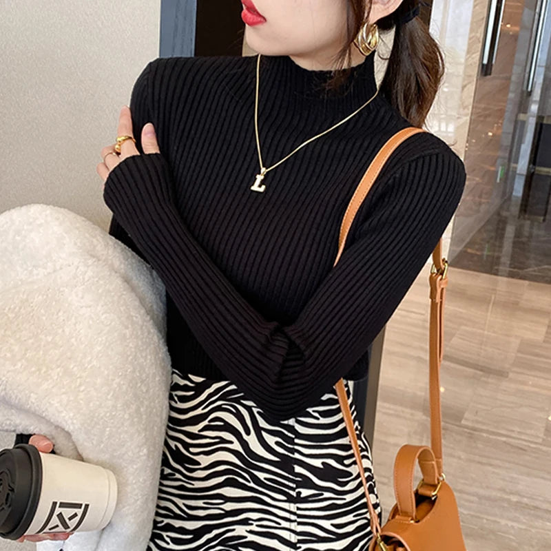 Long Sleeve Mock Neck Knitted Women Sweater