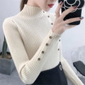 Female Cotton Soft Elastic Color Slim Pullovers Button Full Sleeve