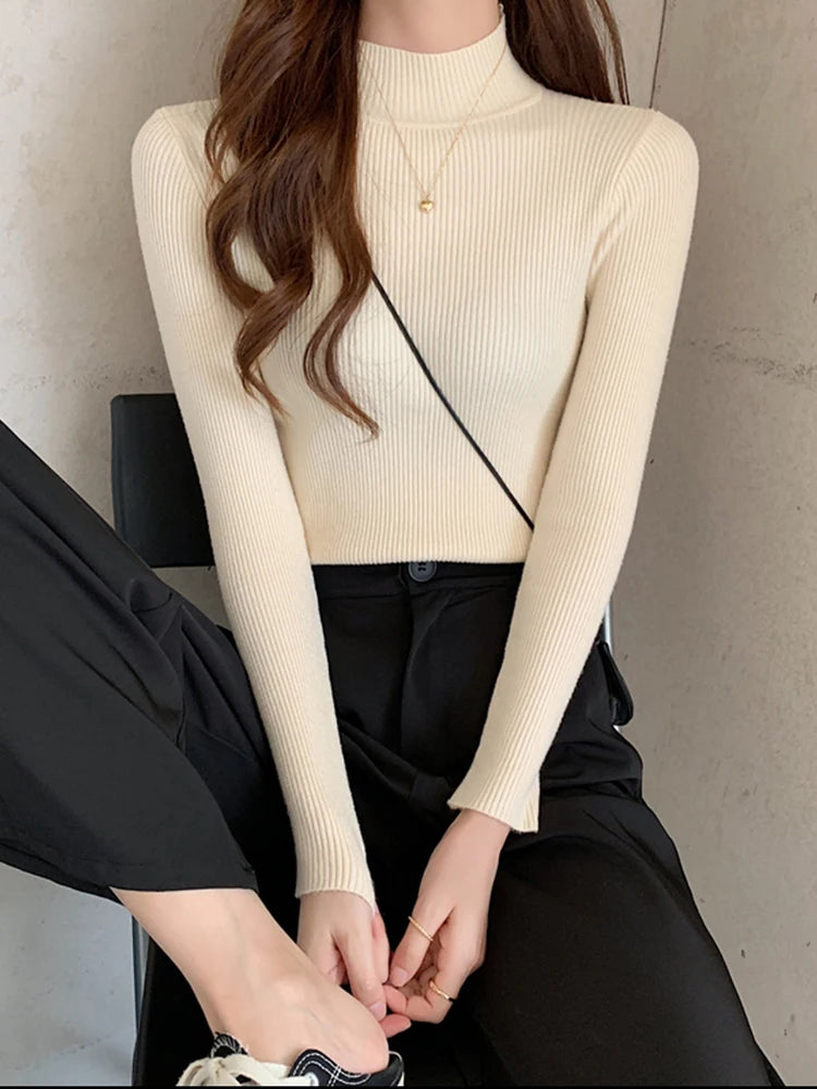 Women Sweater Vintage Basic Solid Knitted Tops Casual Slim Pullover