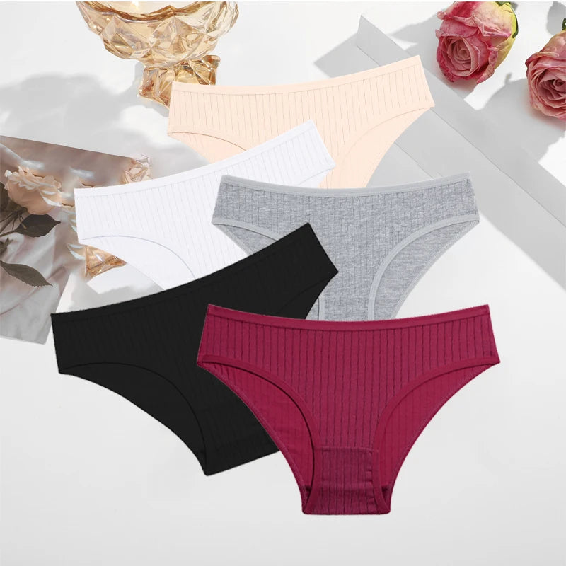 FINETOO 5PCS/SET Cotton Ribbed Striped Underwear