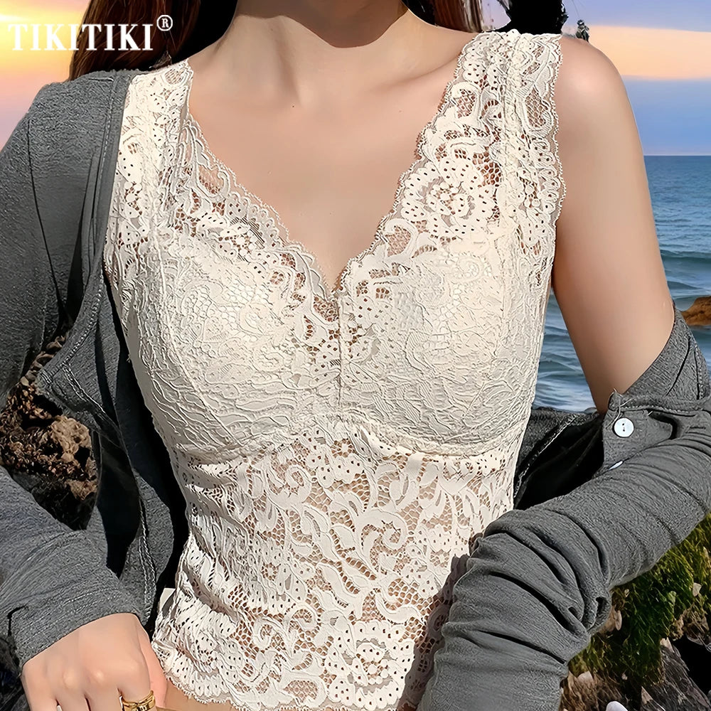Deep V Lace Vest With Breast PadsEmbroidery Floral Tank Top Wrapped Chest Camisole Padded Crop Tank Top For Women