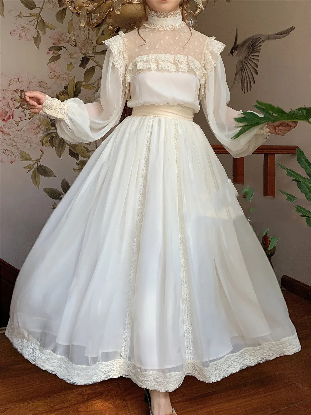 Vintage Cottage Chiffon Dress Fairy Woman Chic Romantic Princess Dresses