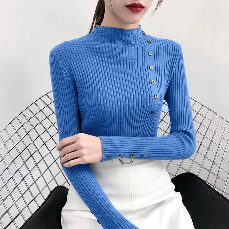 Female Cotton Soft Elastic Color Slim Pullovers Button Full Sleeve