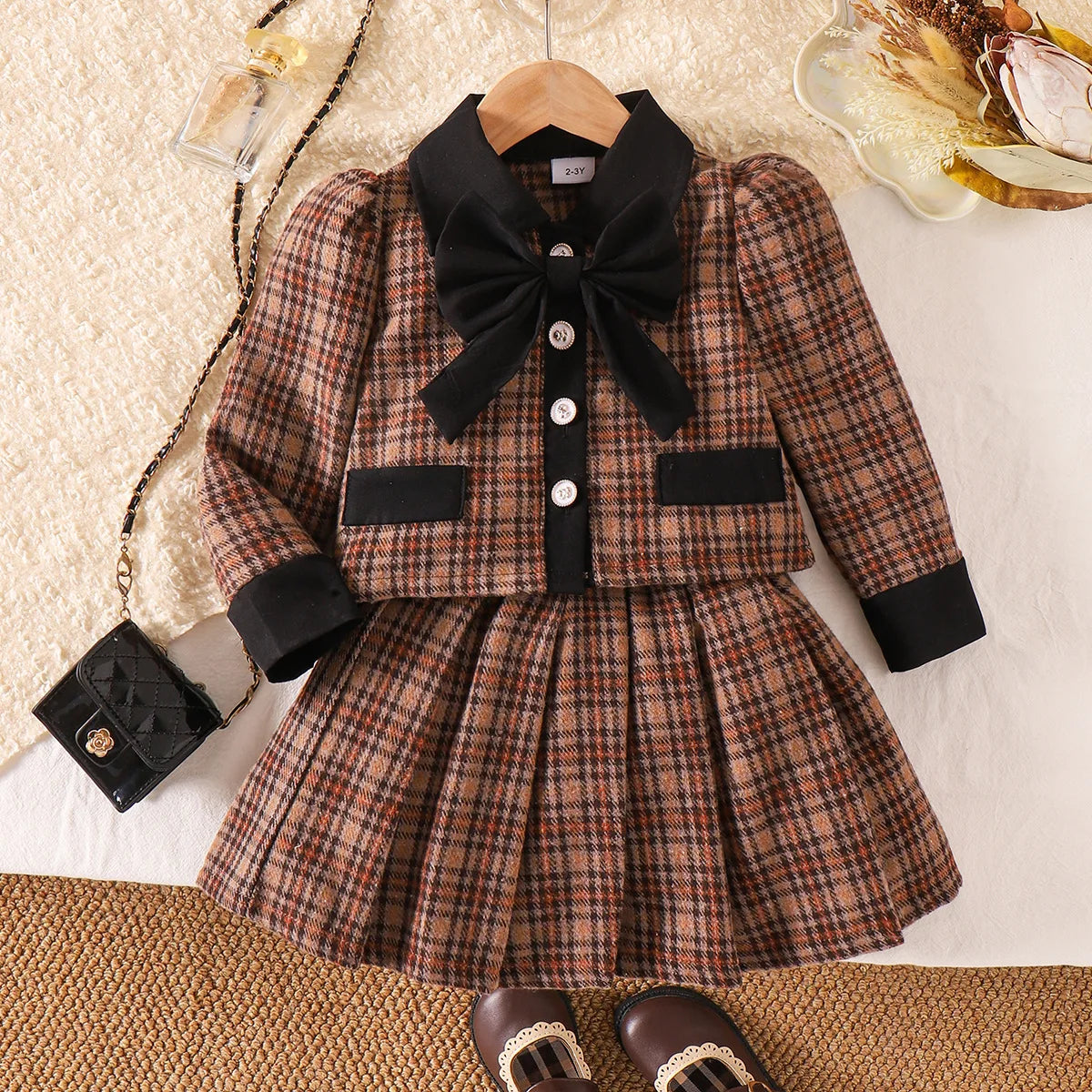 Girls Fashion Plaids Long Sleeve Coat Pleated Short Skirt Two Sets