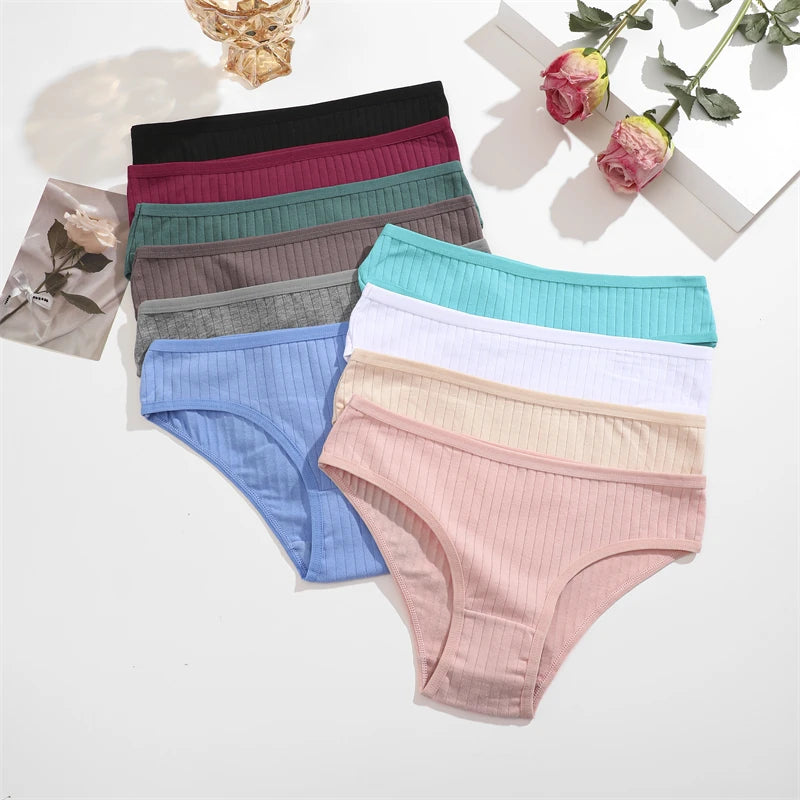 FINETOO 5PCS/SET Cotton Ribbed Striped Underwear