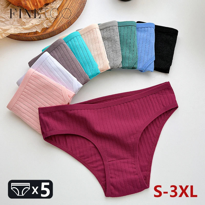 FINETOO 5PCS/SET Cotton Ribbed Striped Underwear