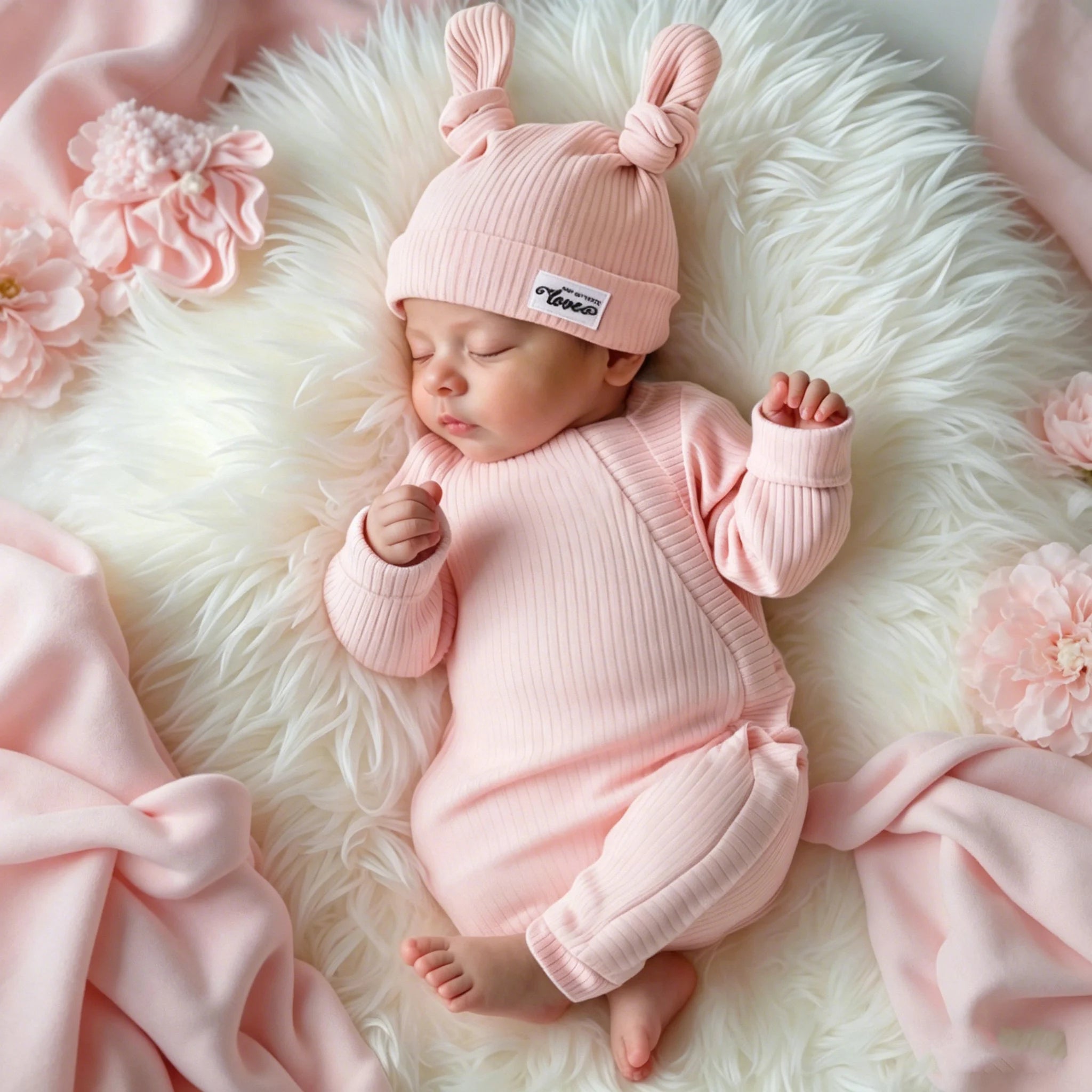 Newborn Clothes Ribbed Romper Bunny Ear Hat Set Infant Zipper Closure Long Sleeve