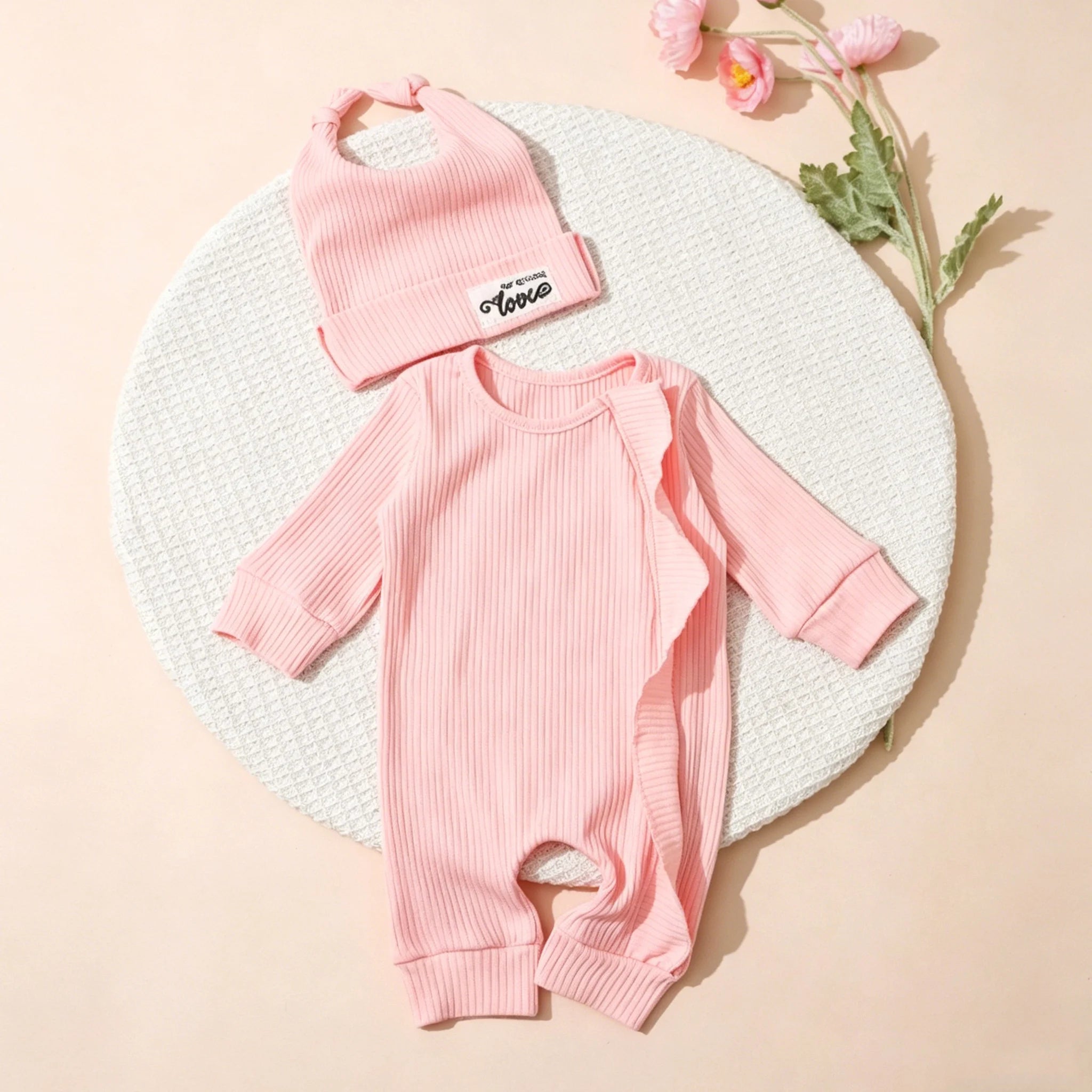 Newborn Clothes Ribbed Romper Bunny Ear Hat Set Infant Zipper Closure Long Sleeve