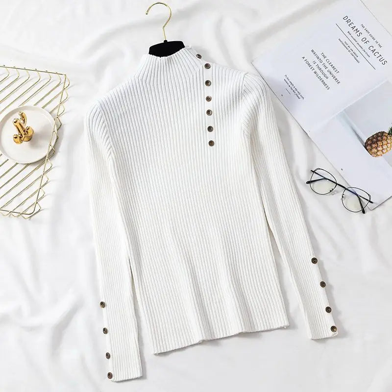 Female Cotton Soft Elastic Color Slim Pullovers Button Full Sleeve