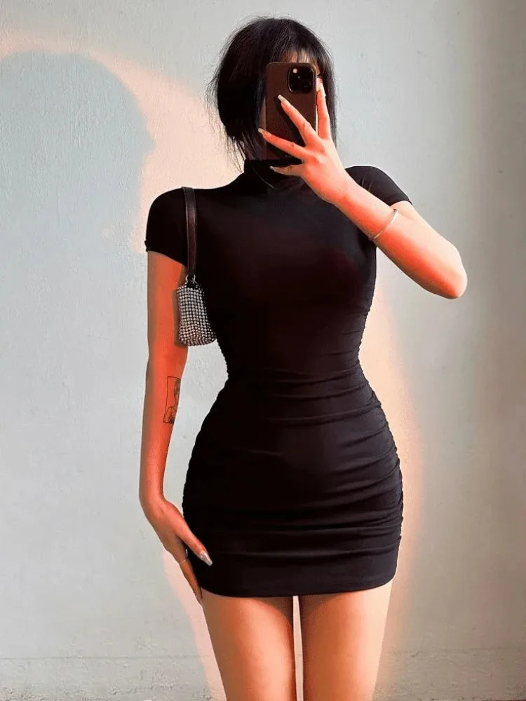 Tight Half High Collar Pleated Waist Mini Dress