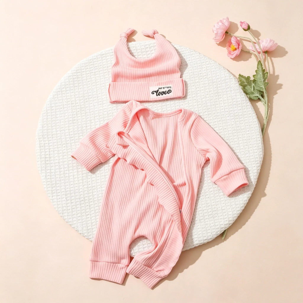 Newborn Clothes Ribbed Romper Bunny Ear Hat Set Infant Zipper Closure Long Sleeve