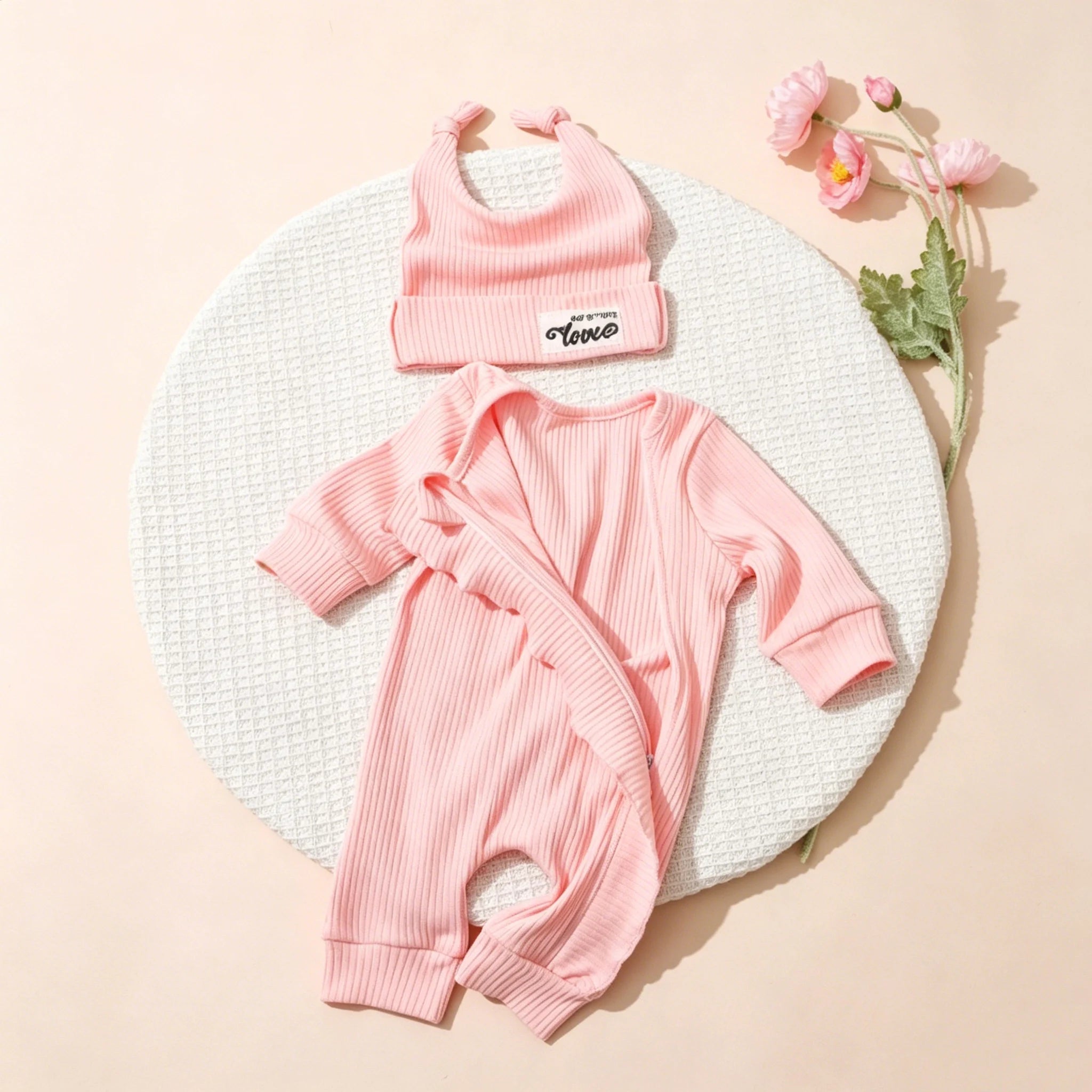 Newborn Clothes Ribbed Romper Bunny Ear Hat Set Infant Zipper Closure Long Sleeve
