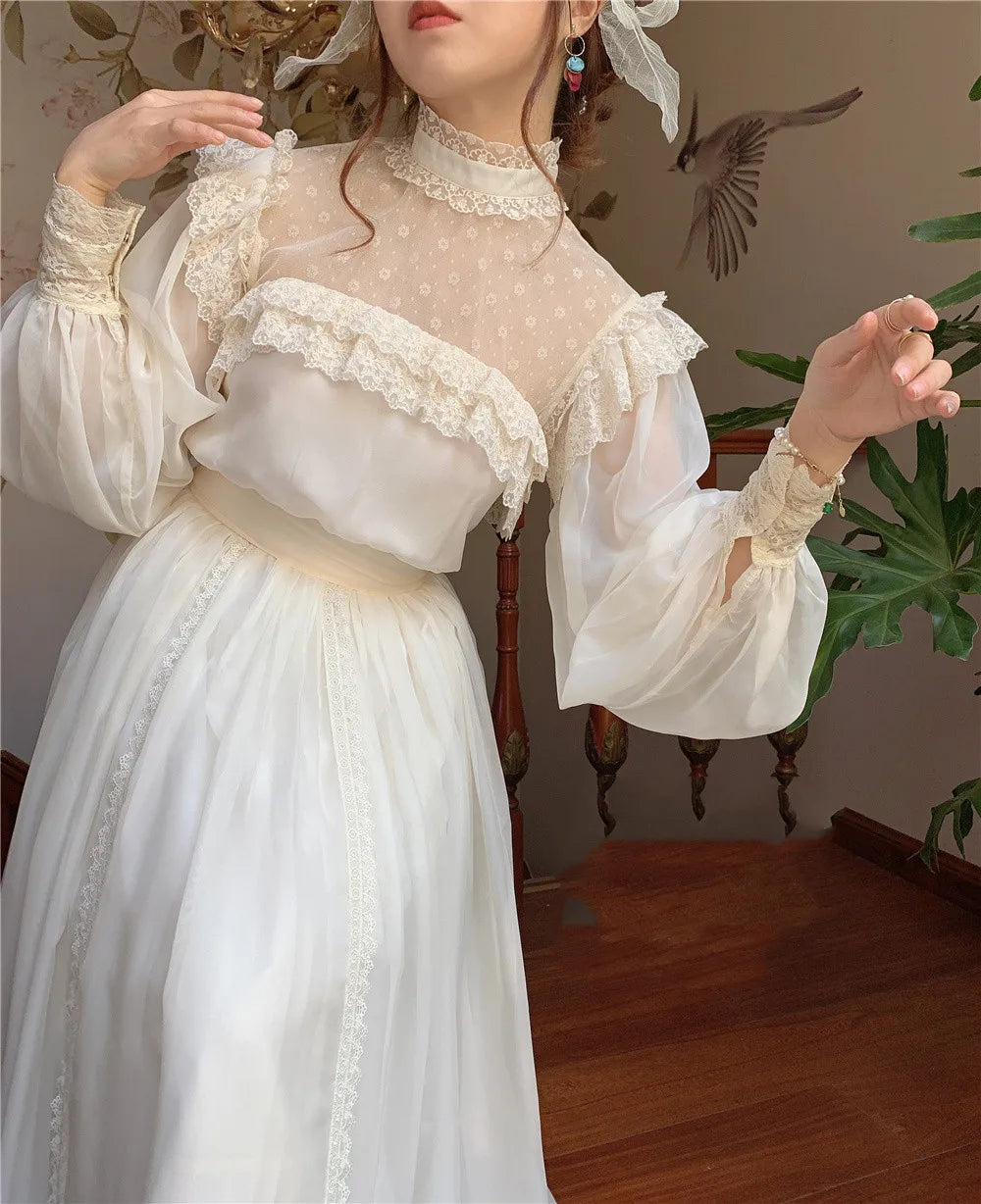 Vintage Cottage Chiffon Dress Fairy Woman Chic Romantic Princess Dresses