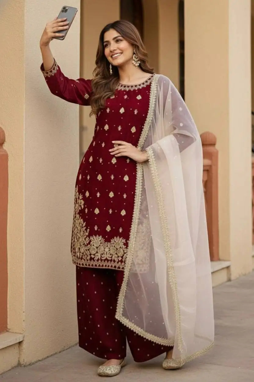 Women's Designer Party Wear Heavy Silk Top Sharara Duptta