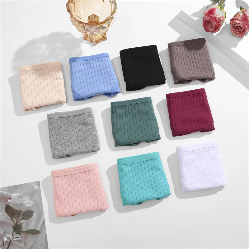 FINETOO 5PCS/SET Cotton Ribbed Striped Underwear