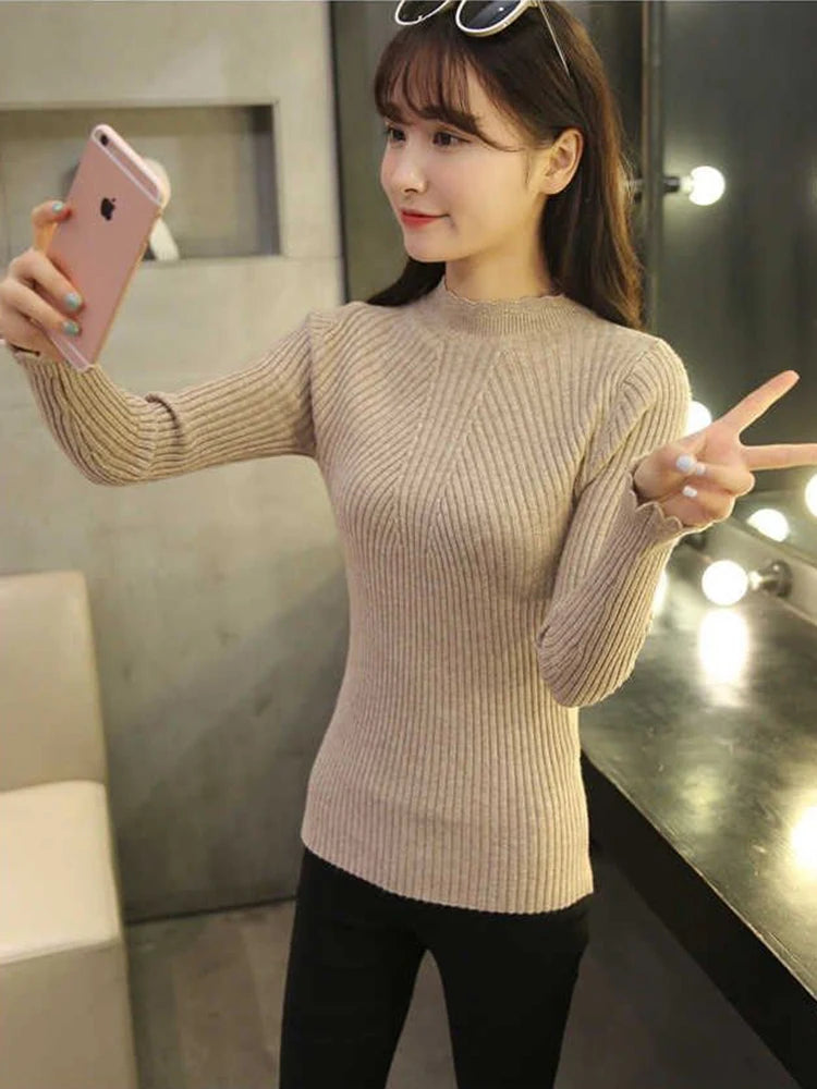 2026 Autumn Women Mock Neck Ruffles Sweater