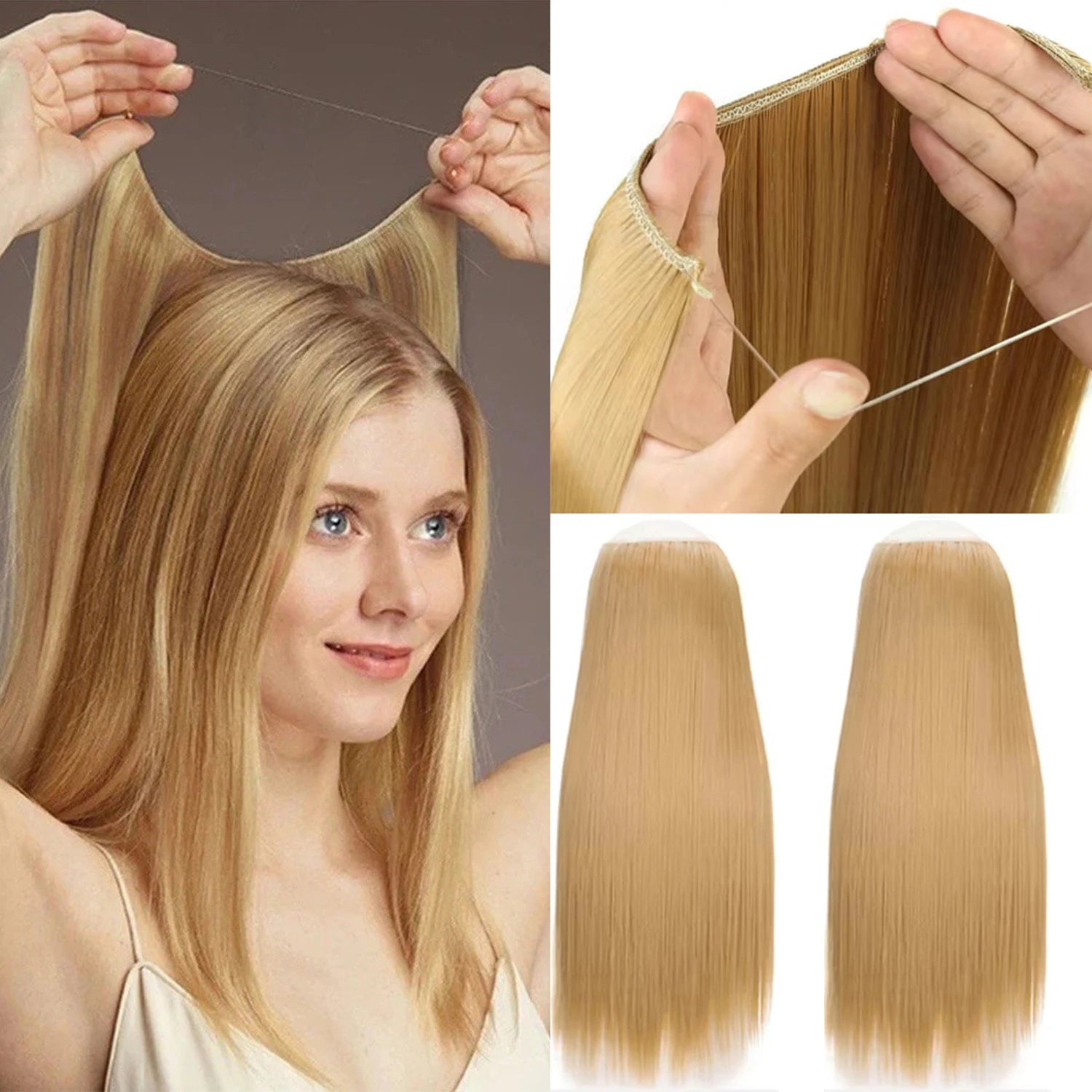 No Clip In Hair Extensions Fish Line Straight Curly Wig