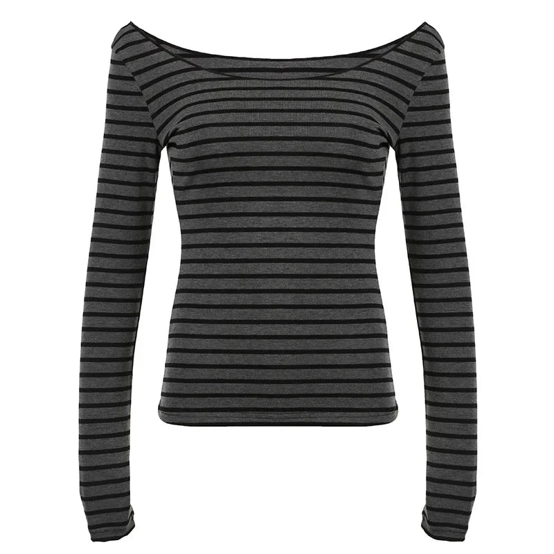 Women's New Models Slim Long-Sleeved Striped t-Shirt Strapless