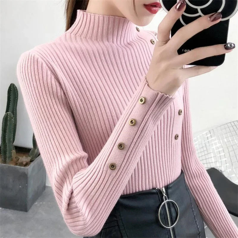Female Cotton Soft Elastic Color Slim Pullovers Button Full Sleeve