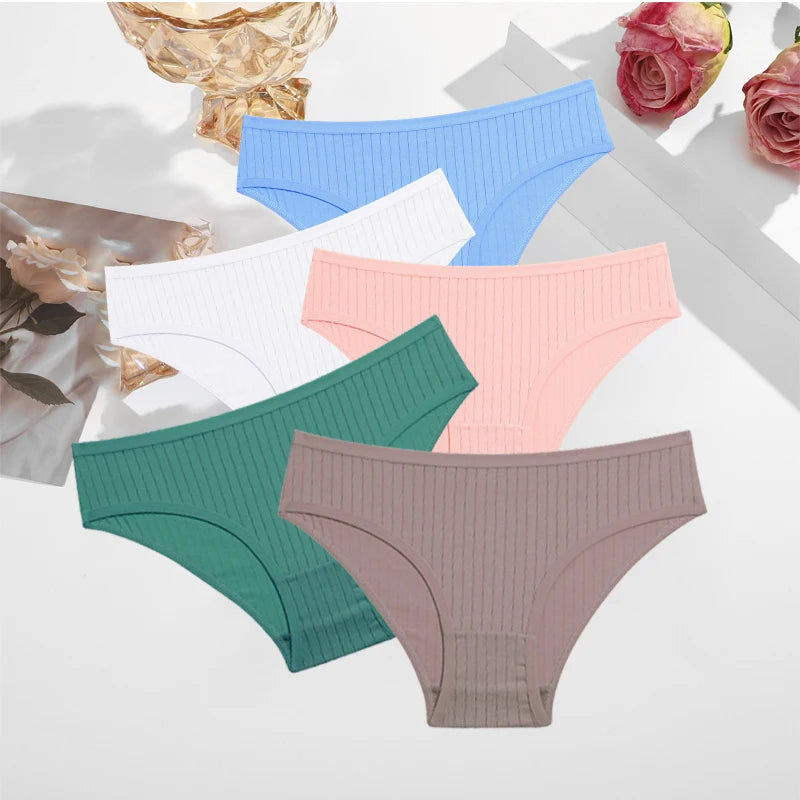 FINETOO 5PCS/SET Cotton Ribbed Striped Underwear