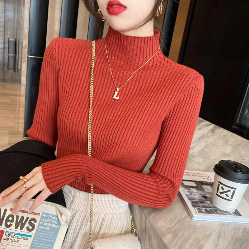 Long Sleeve Mock Neck Knitted Women Sweater