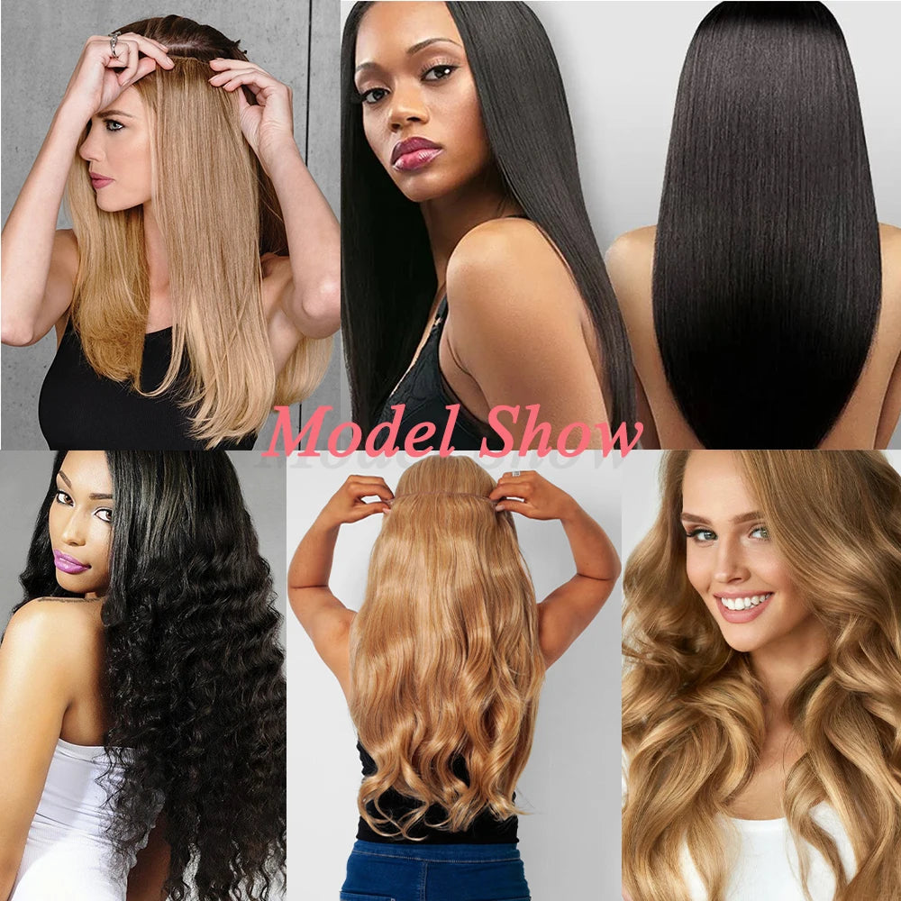 No Clip In Hair Extensions Fish Line Straight Curly Wig